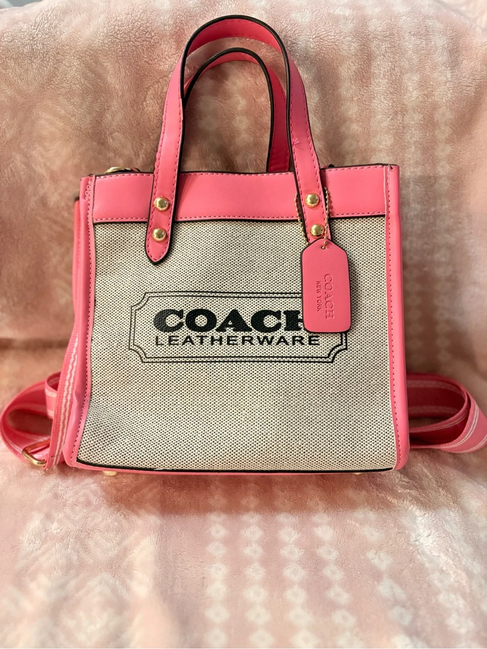 Pink Canvas & Leather Tote with Adjustable Strap